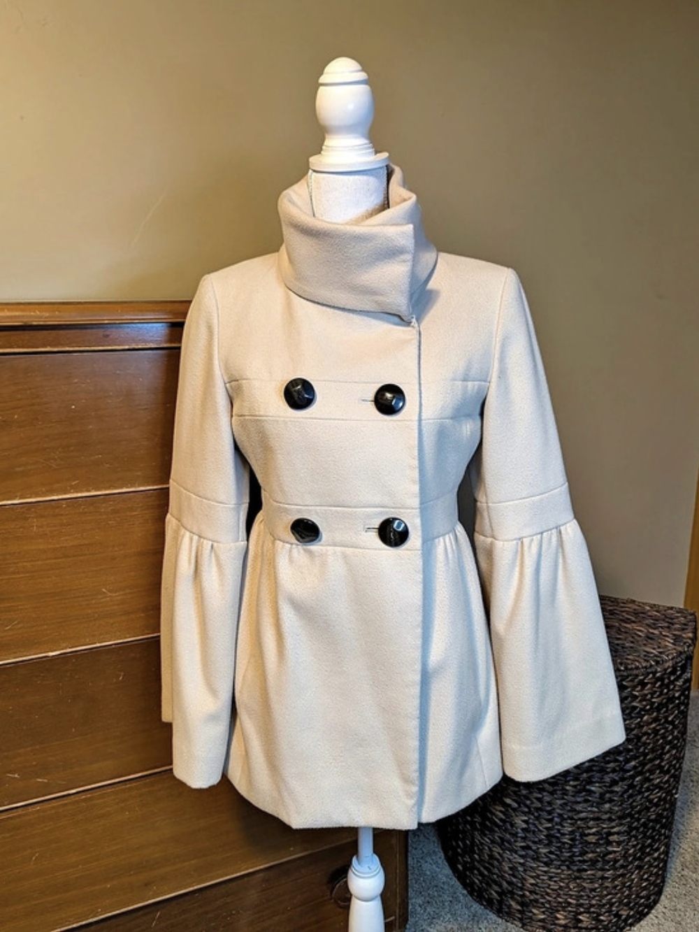 Jessica Simpson Cream Double-Breasted Fitted Pea Coat Sz S